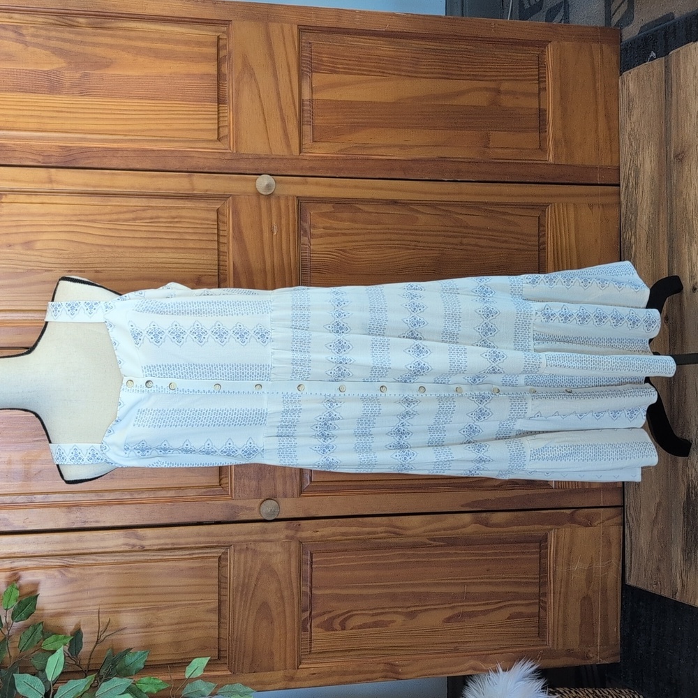 Lauren Lane x Sonoma Cream/Blue Floral Buttoned Midi Sundress Cap Sleeve NWT XL